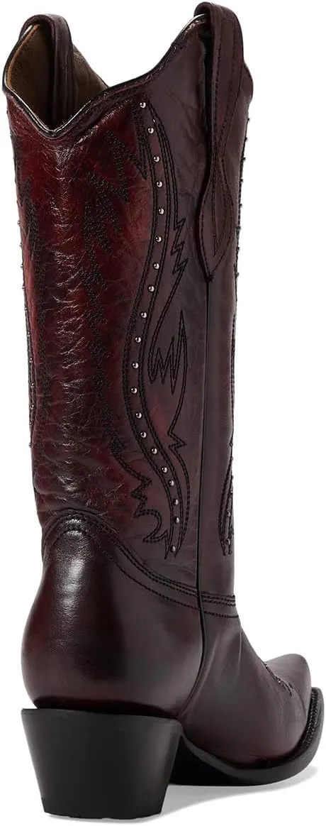 Women Vintage Embroidered Cowboy Boots Knee High Western Boots Chunky Stacked Heel Square Pointed Toe Mid Calf Cowgirl Boots Metallic Matte Pull On V Cut Fall Boot Exotic 4-11 M US