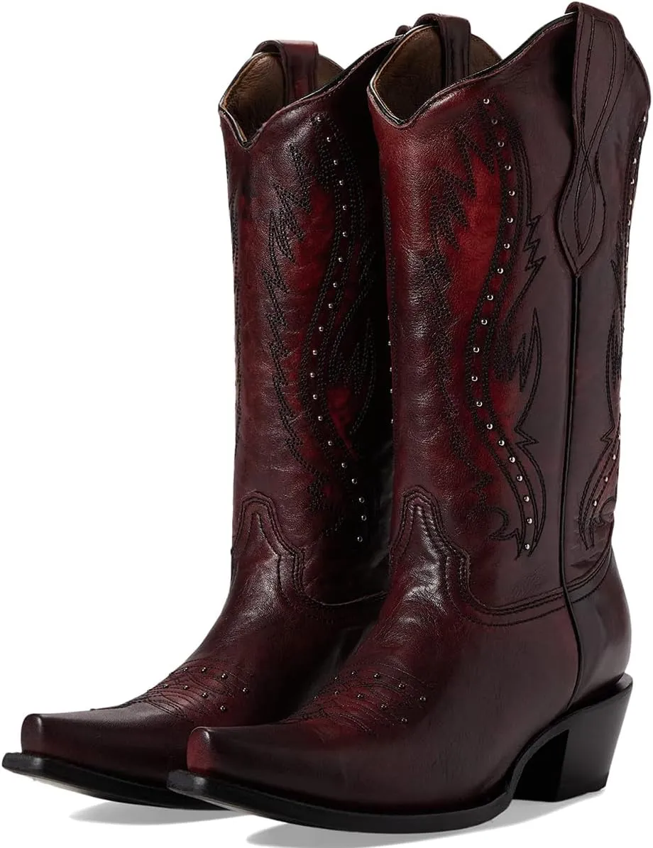 Women Vintage Embroidered Cowboy Boots Knee High Western Boots Chunky Stacked Heel Square Pointed Toe Mid Calf Cowgirl Boots Metallic Matte Pull On V Cut Fall Boot Exotic 4-11 M US
