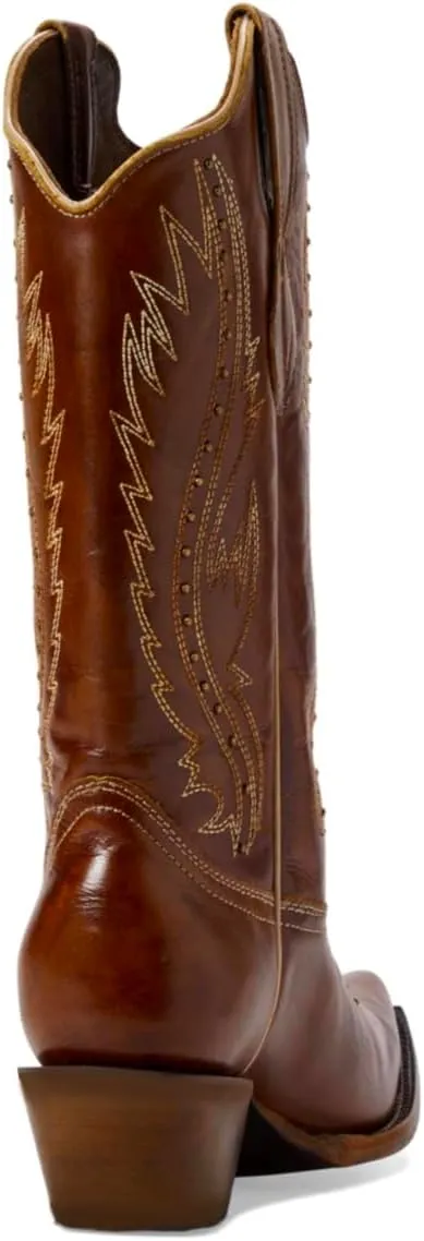 Women Vintage Embroidered Cowboy Boots Knee High Western Boots Chunky Stacked Heel Square Pointed Toe Mid Calf Cowgirl Boots Metallic Matte Pull On V Cut Fall Boot Exotic 4-11 M US