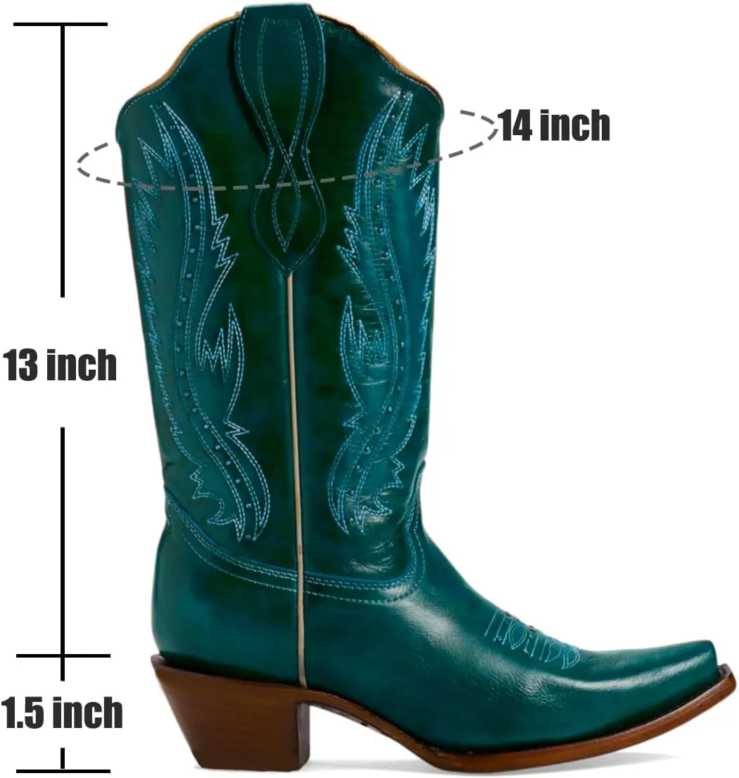 Women Vintage Embroidered Cowboy Boots Knee High Western Boots Chunky Stacked Heel Square Pointed Toe Mid Calf Cowgirl Boots Metallic Matte Pull On V Cut Fall Boot Exotic 4-11 M US