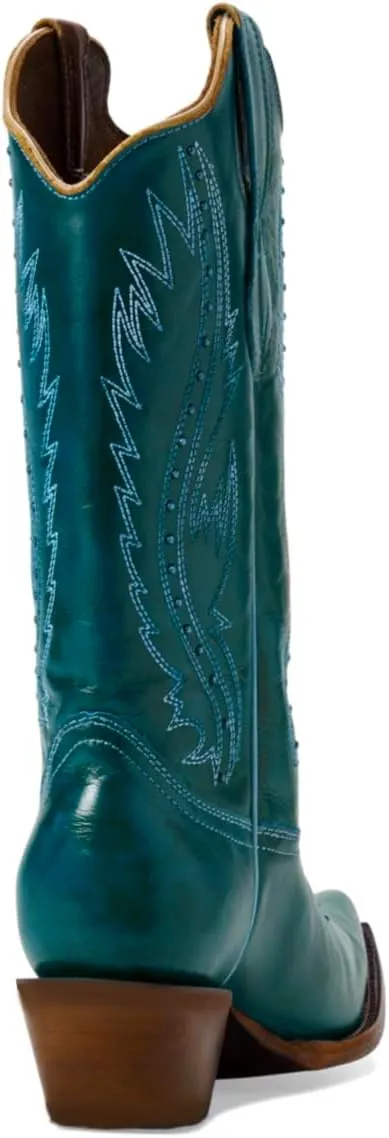 Women Vintage Embroidered Cowboy Boots Knee High Western Boots Chunky Stacked Heel Square Pointed Toe Mid Calf Cowgirl Boots Metallic Matte Pull On V Cut Fall Boot Exotic 4-11 M US