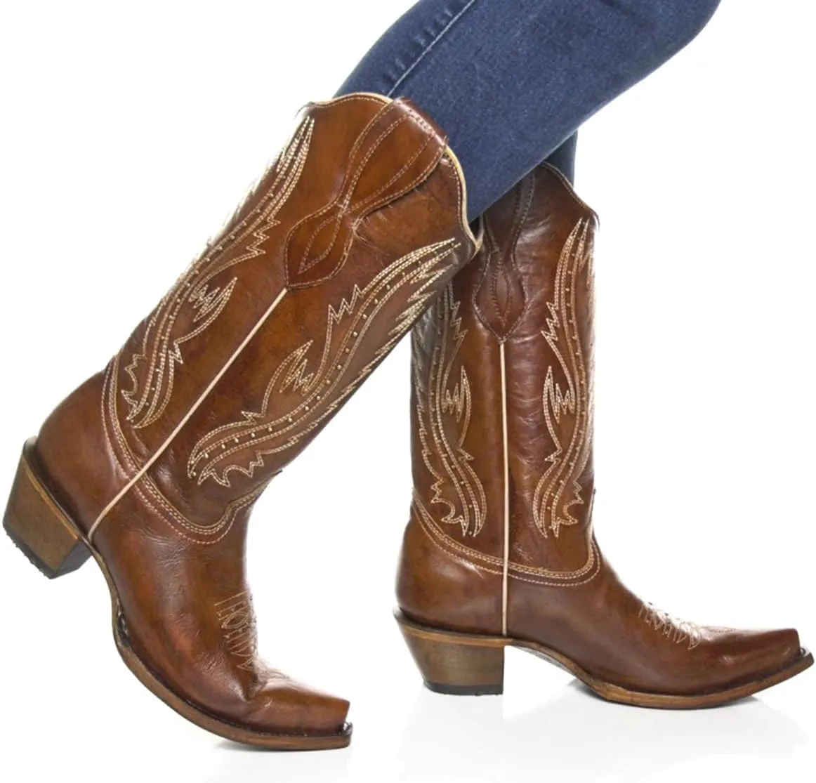 Women Vintage Embroidered Cowboy Boots Knee High Western Boots Chunky Stacked Heel Square Pointed Toe Mid Calf Cowgirl Boots Metallic Matte Pull On V Cut Fall Boot Exotic 4-11 M US