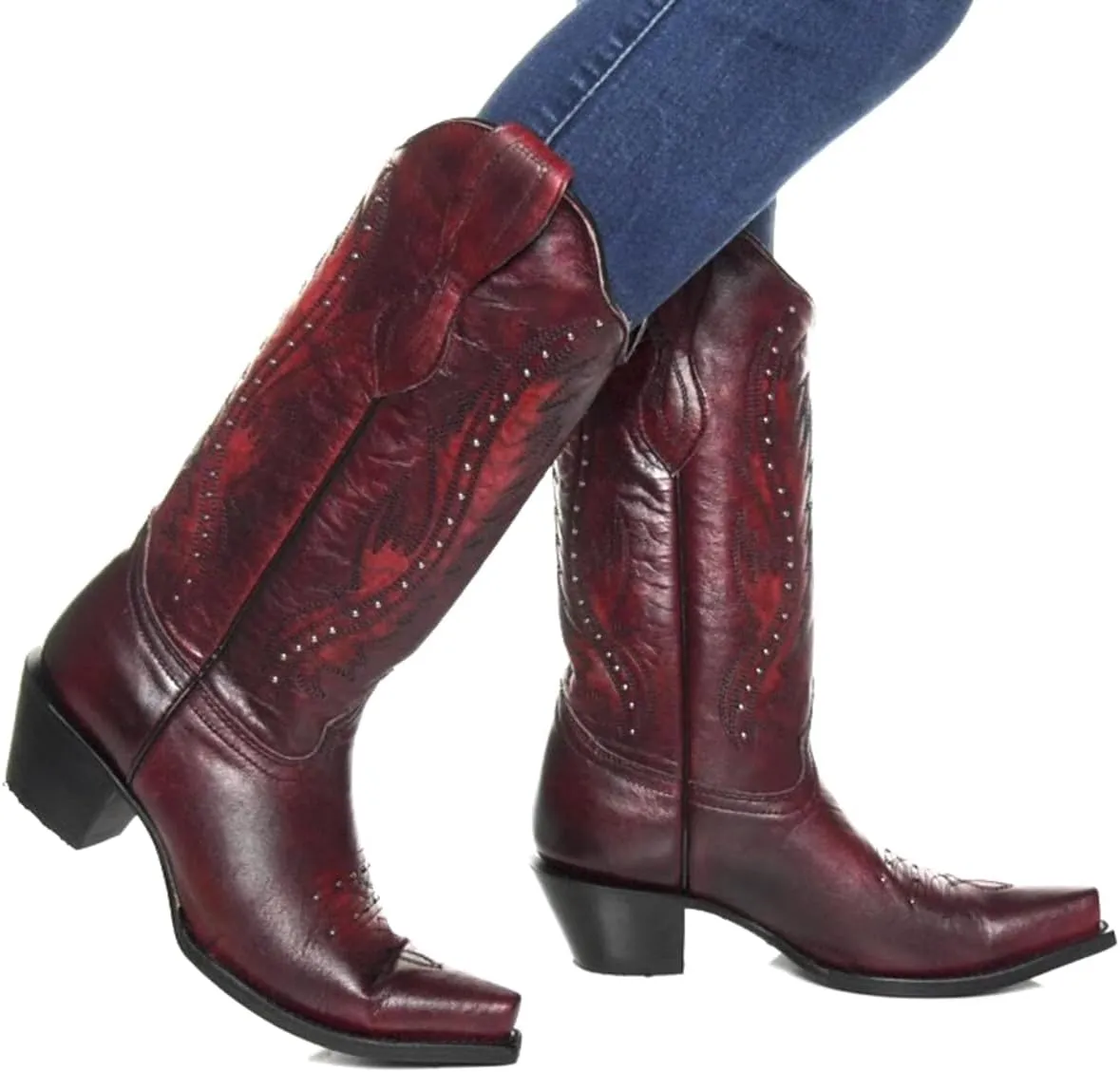 Women Vintage Embroidered Cowboy Boots Knee High Western Boots Chunky Stacked Heel Square Pointed Toe Mid Calf Cowgirl Boots Metallic Matte Pull On V Cut Fall Boot Exotic 4-11 M US