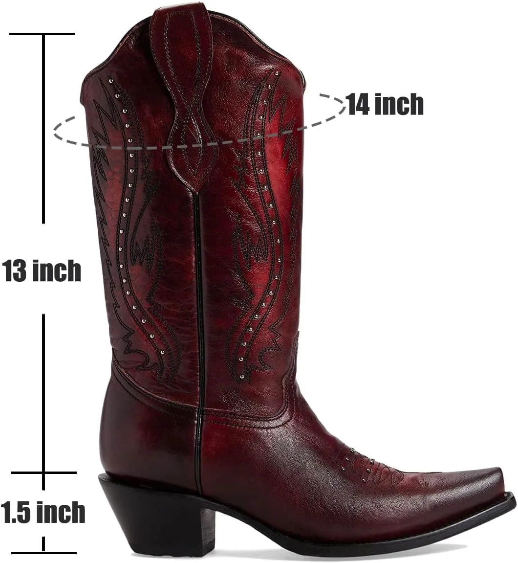 Women Vintage Embroidered Cowboy Boots Knee High Western Boots Chunky Stacked Heel Square Pointed Toe Mid Calf Cowgirl Boots Metallic Matte Pull On V Cut Fall Boot Exotic 4-11 M US