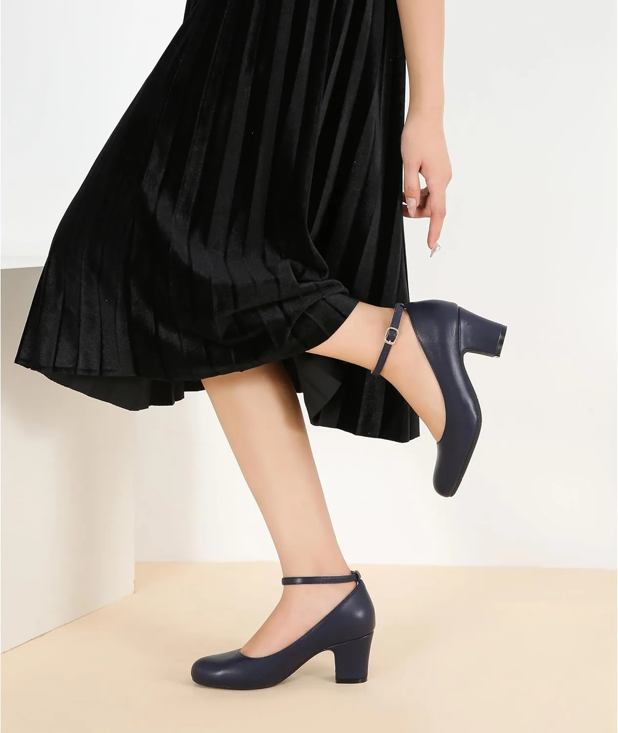 Women's Ankle Strap Low Block Chunky Heels Pumps Closed Round Toe Comfortable Dress Office Work Church Wedding Shoes