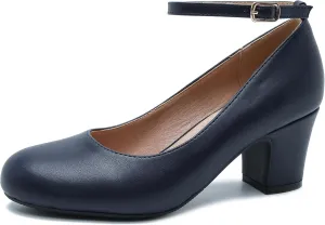 Women's Ankle Strap Low Block Chunky Heels Pumps Closed Round Toe Comfortable Dress Office Work Church Wedding Shoes