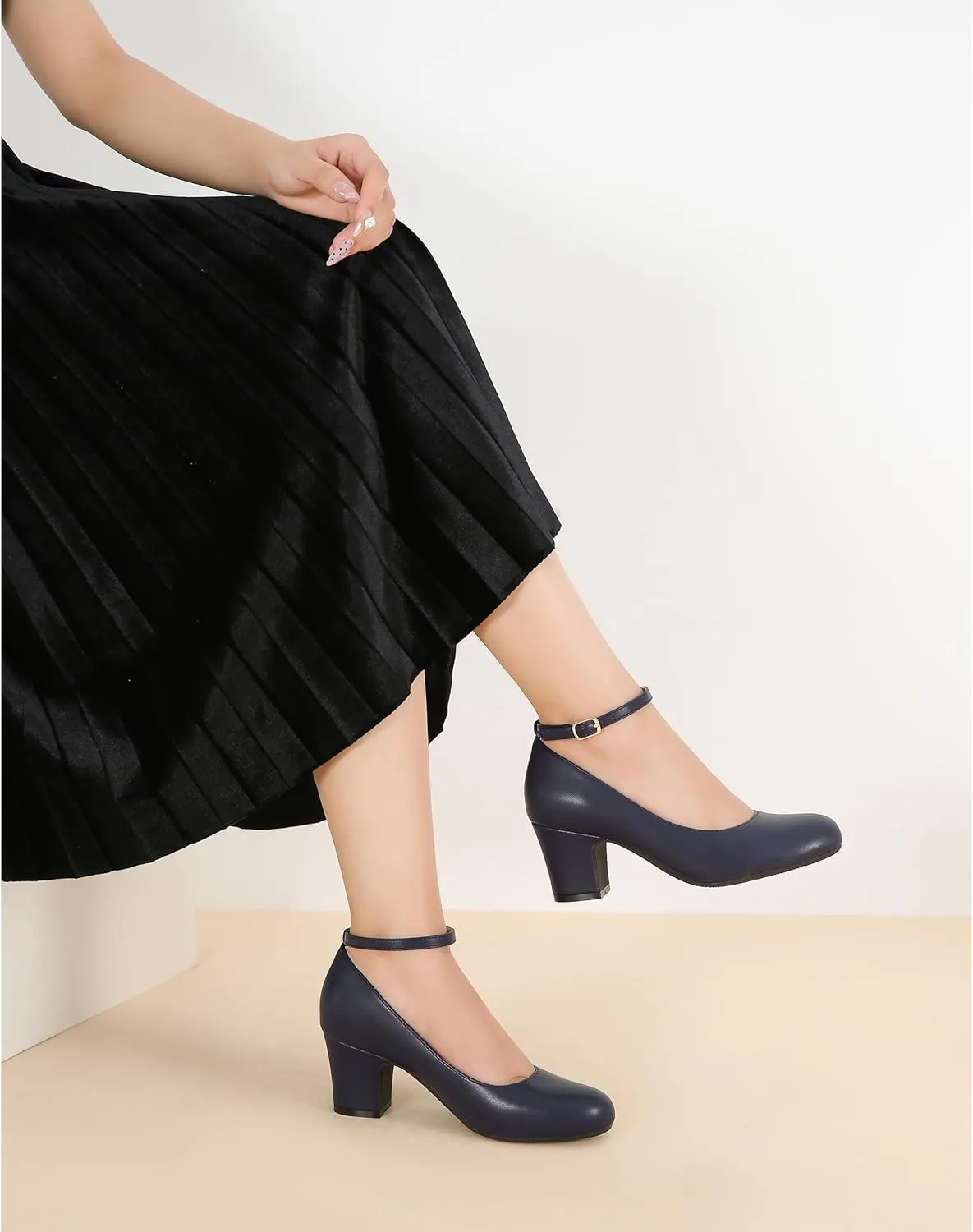Women's Ankle Strap Low Block Chunky Heels Pumps Closed Round Toe Comfortable Dress Office Work Church Wedding Shoes