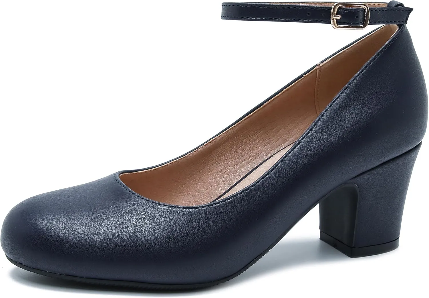Women's Ankle Strap Low Block Chunky Heels Pumps Closed Round Toe Comfortable Dress Office Work Church Wedding Shoes