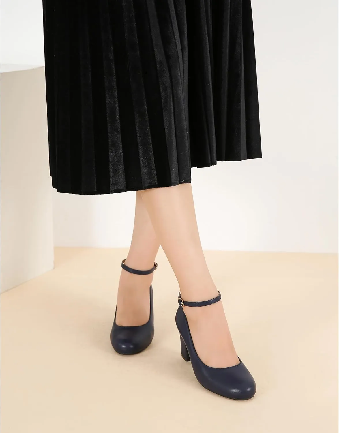 Women's Ankle Strap Low Block Chunky Heels Pumps Closed Round Toe Comfortable Dress Office Work Church Wedding Shoes