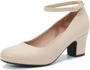 Women's Ankle Strap Low Block Chunky Heels Pumps Closed Round Toe Comfortable Dress Office Work Church Wedding Shoes