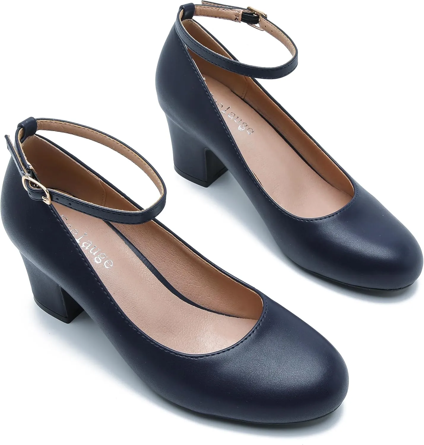 Women's Ankle Strap Low Block Chunky Heels Pumps Closed Round Toe Comfortable Dress Office Work Church Wedding Shoes