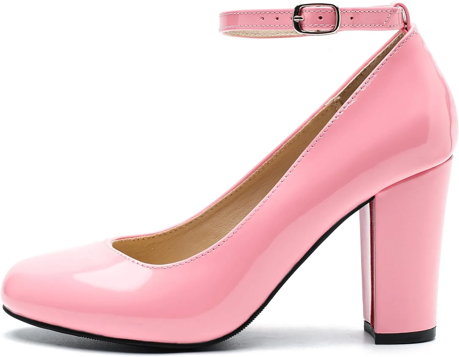 Women's Ankle Strap Pumps Closed Toe Block High Heel Round Toe Mary Jane Shoes