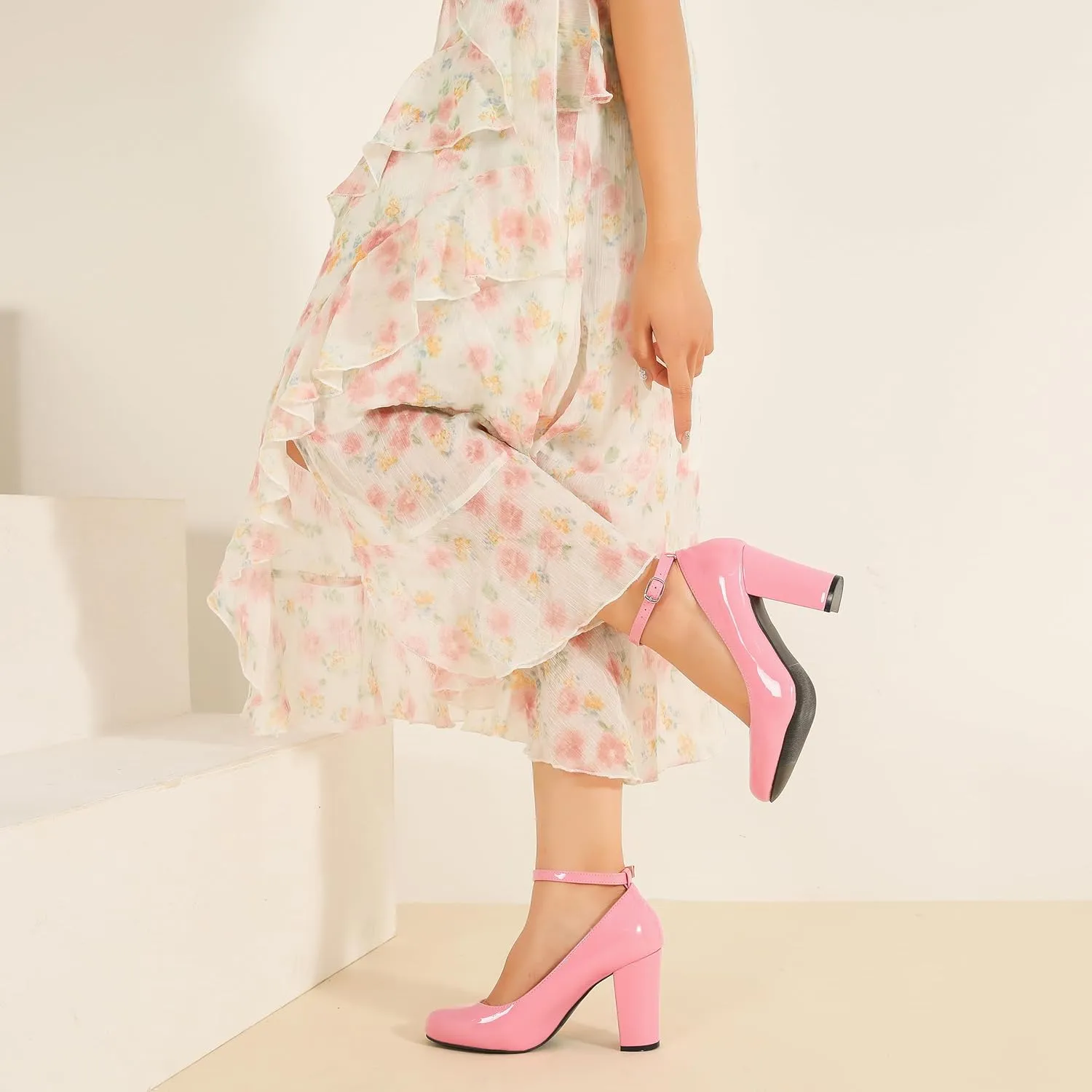 Women's Ankle Strap Pumps Closed Toe Block High Heel Round Toe Mary Jane Shoes