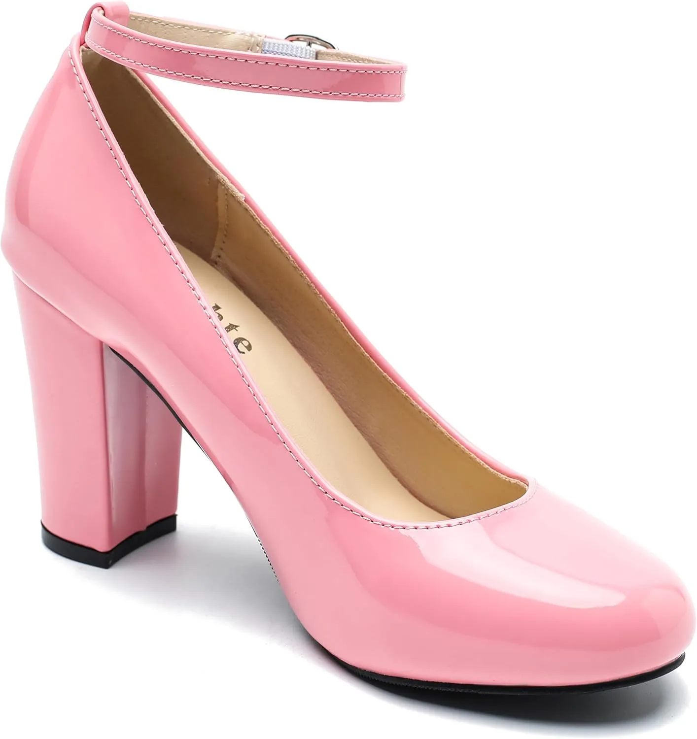 Women's Ankle Strap Pumps Closed Toe Block High Heel Round Toe Mary Jane Shoes