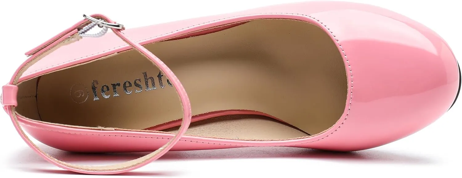 Women's Ankle Strap Pumps Closed Toe Block High Heel Round Toe Mary Jane Shoes