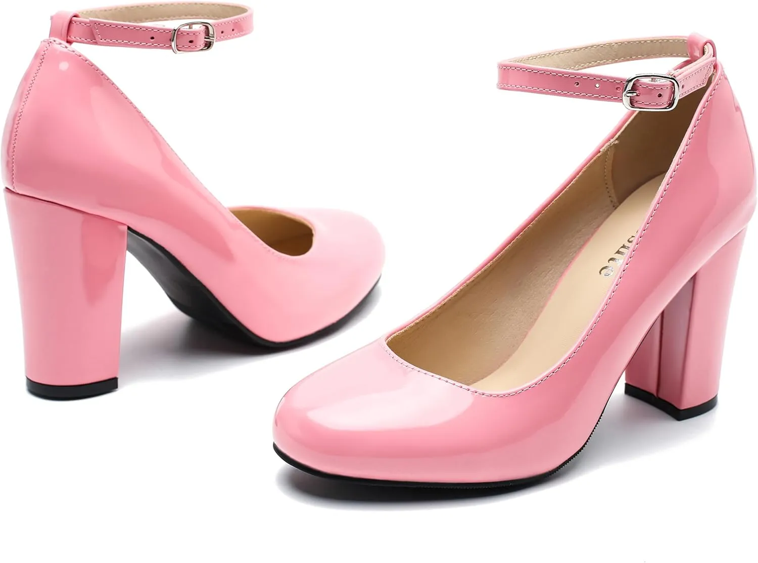 Women's Ankle Strap Pumps Closed Toe Block High Heel Round Toe Mary Jane Shoes
