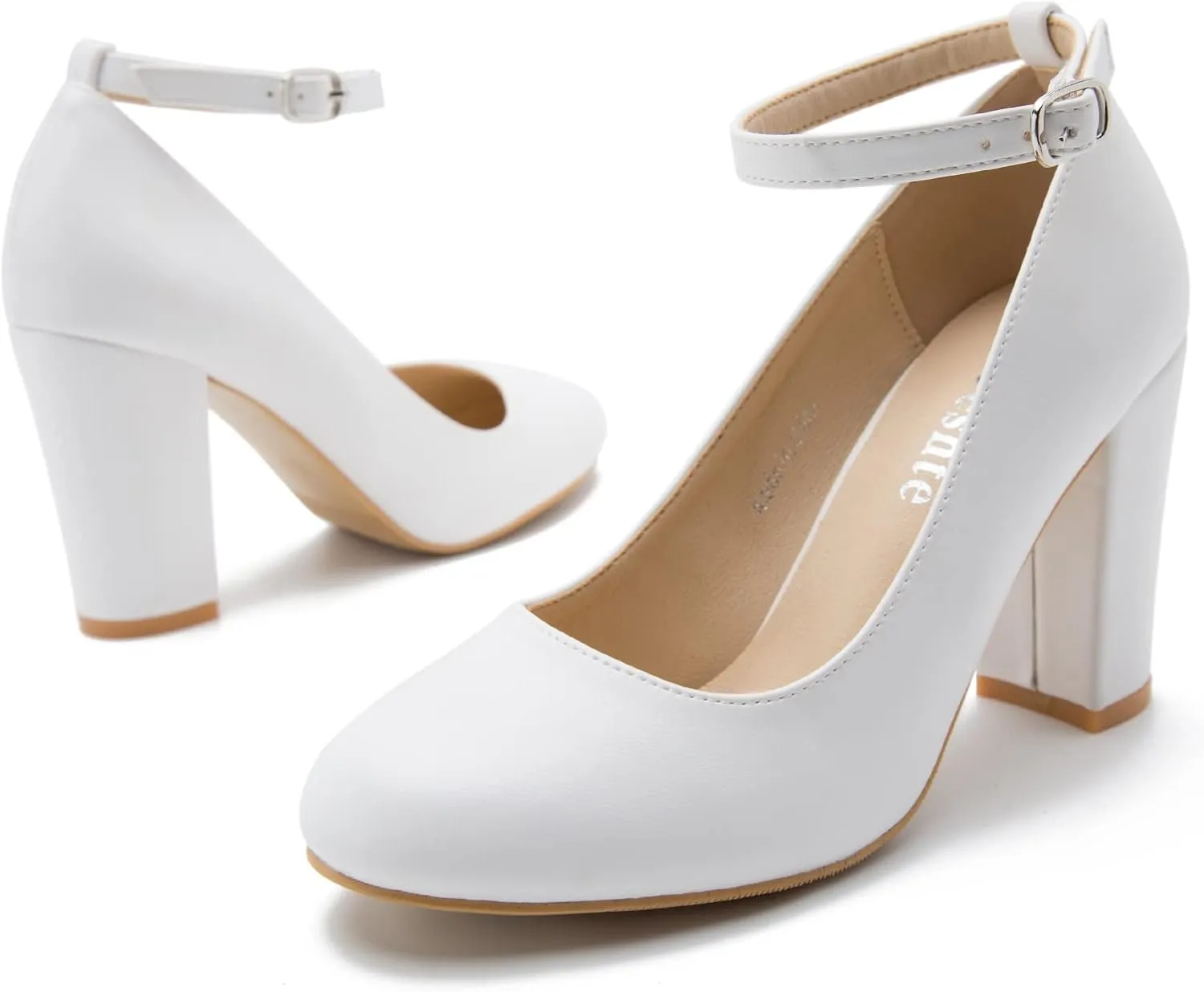 Women's Ankle Strap Pumps Closed Toe Block High Heel Round Toe Mary Jane Shoes