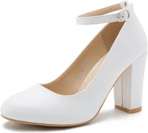 Women's Ankle Strap Pumps Closed Toe Block High Heel Round Toe Mary Jane Shoes
