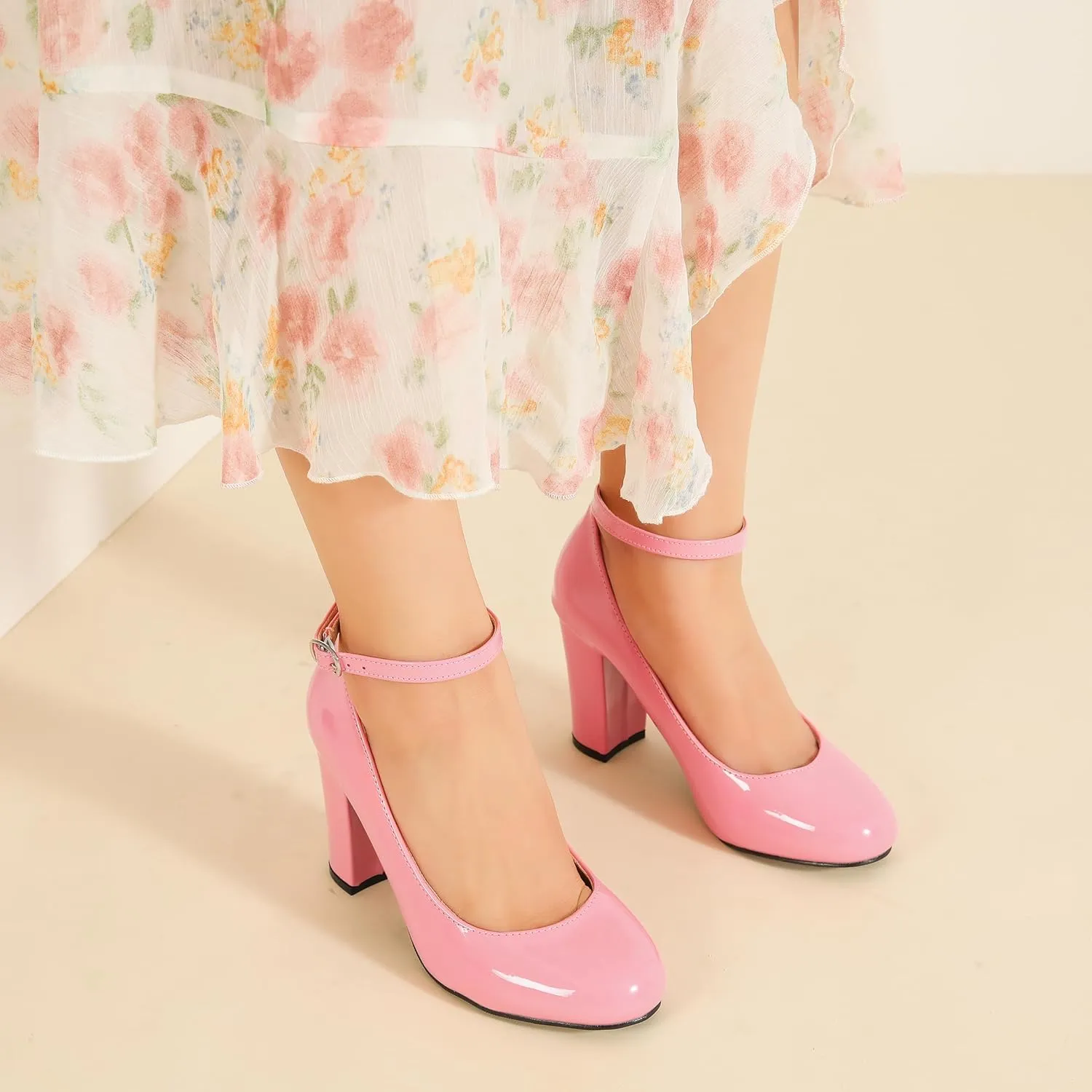 Women's Ankle Strap Pumps Closed Toe Block High Heel Round Toe Mary Jane Shoes
