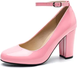 Women's Ankle Strap Pumps Closed Toe Block High Heel Round Toe Mary Jane Shoes
