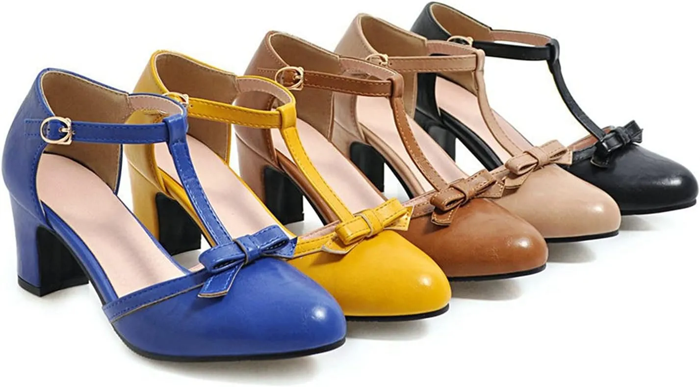 Womens Ankle T-Strap Pumps Bowknot Closed Toe Sandals Buckle Comfy Casual Block Mid Heel Dress Shoes