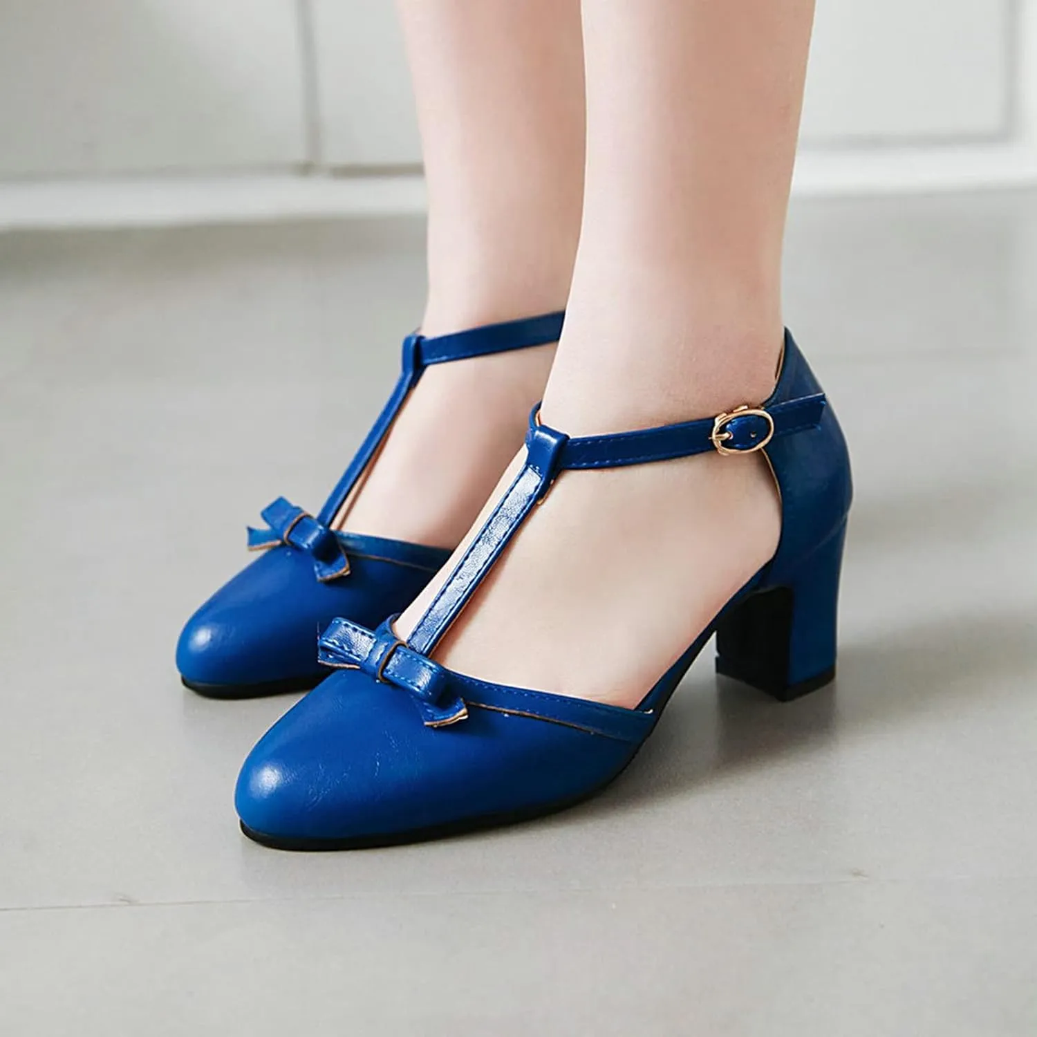 Womens Ankle T-Strap Pumps Bowknot Closed Toe Sandals Buckle Comfy Casual Block Mid Heel Dress Shoes