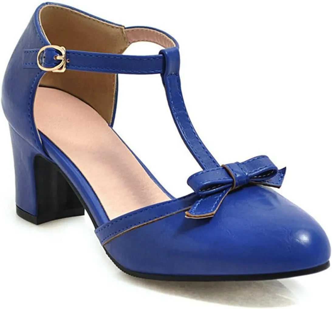 Womens Ankle T-Strap Pumps Bowknot Closed Toe Sandals Buckle Comfy Casual Block Mid Heel Dress Shoes