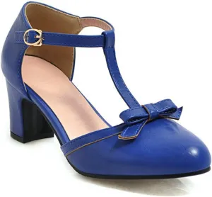 Womens Ankle T-Strap Pumps Bowknot Closed Toe Sandals Buckle Comfy Casual Block Mid Heel Dress Shoes
