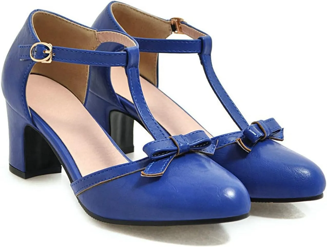 Womens Ankle T-Strap Pumps Bowknot Closed Toe Sandals Buckle Comfy Casual Block Mid Heel Dress Shoes