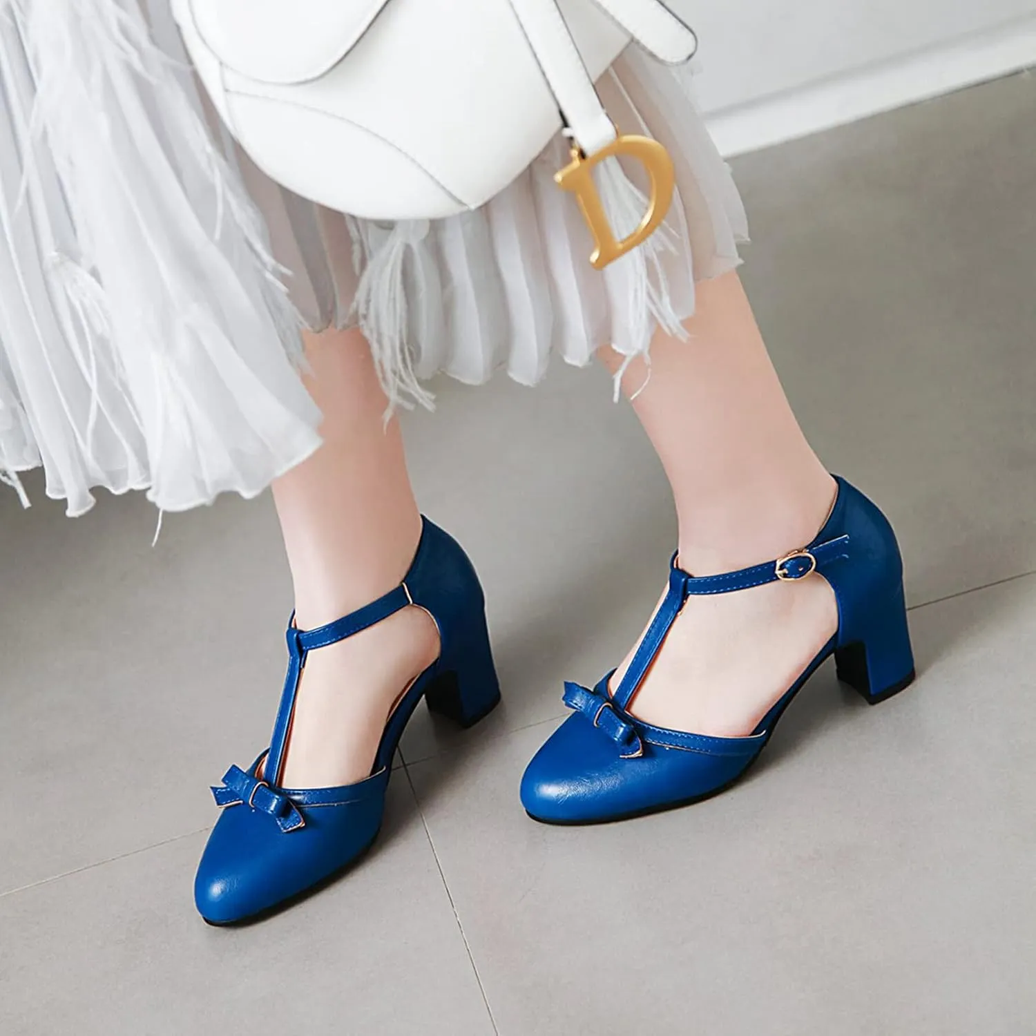 Womens Ankle T-Strap Pumps Bowknot Closed Toe Sandals Buckle Comfy Casual Block Mid Heel Dress Shoes