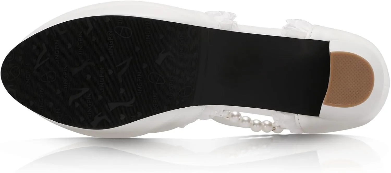 Women's Block High Heel Bow Tie Ruffles Pearl String Bead Lolita Pumps Goth Ankle Strap Sweet Princess Shoes