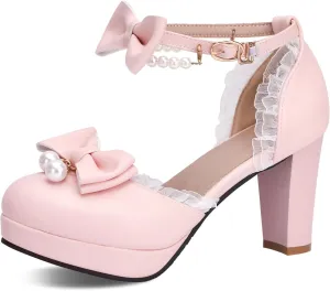 Women's Block High Heel Bow Tie Ruffles Pearl String Bead Lolita Pumps Goth Ankle Strap Sweet Princess Shoes