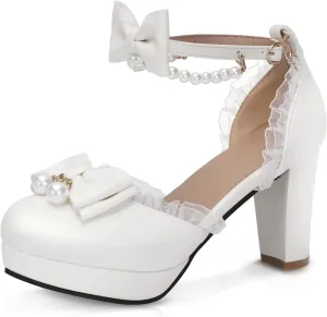Women's Block High Heel Bow Tie Ruffles Pearl String Bead Lolita Pumps Goth Ankle Strap Sweet Princess Shoes