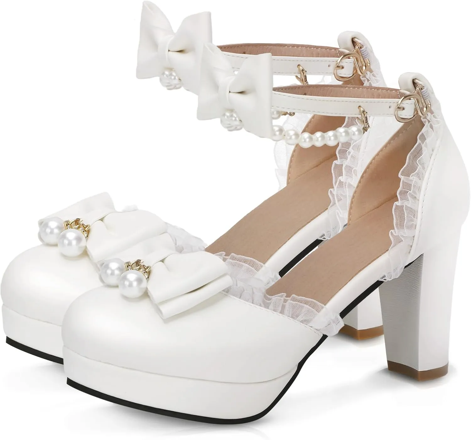Women's Block High Heel Bow Tie Ruffles Pearl String Bead Lolita Pumps Goth Ankle Strap Sweet Princess Shoes