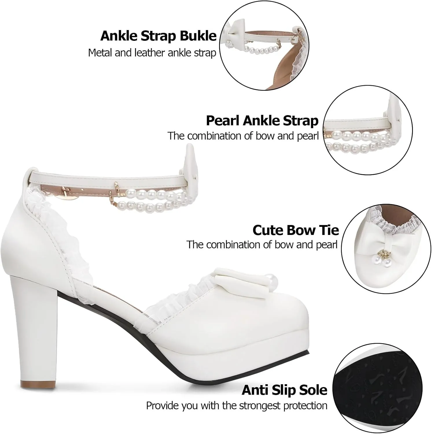 Women's Block High Heel Bow Tie Ruffles Pearl String Bead Lolita Pumps Goth Ankle Strap Sweet Princess Shoes