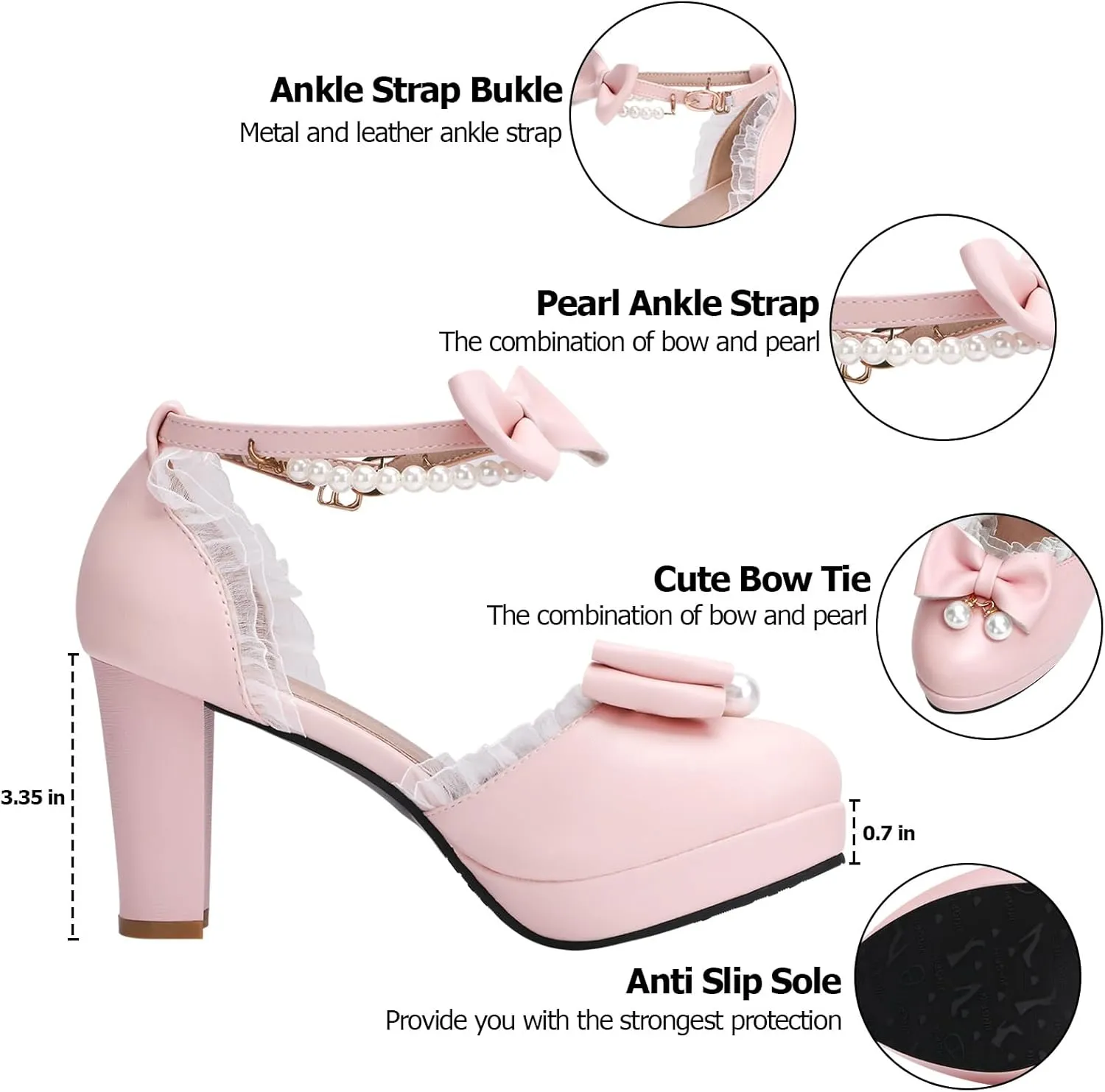 Women's Block High Heel Bow Tie Ruffles Pearl String Bead Lolita Pumps Goth Ankle Strap Sweet Princess Shoes