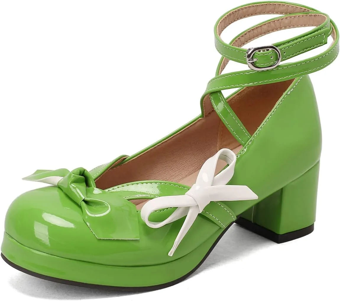Women's Block Thick Heel Platform Sweet Bow Solid Lolita Pumps Patent Leather Round Toe Cross-Tied Fashion Mary Janes Pumps Uniform Shoes