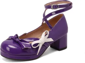 Women's Block Thick Heel Platform Sweet Bow Solid Lolita Pumps Patent Leather Round Toe Cross-Tied Fashion Mary Janes Pumps Uniform Shoes