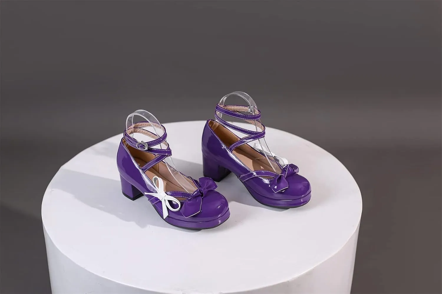 Women's Block Thick Heel Platform Sweet Bow Solid Lolita Pumps Patent Leather Round Toe Cross-Tied Fashion Mary Janes Pumps Uniform Shoes
