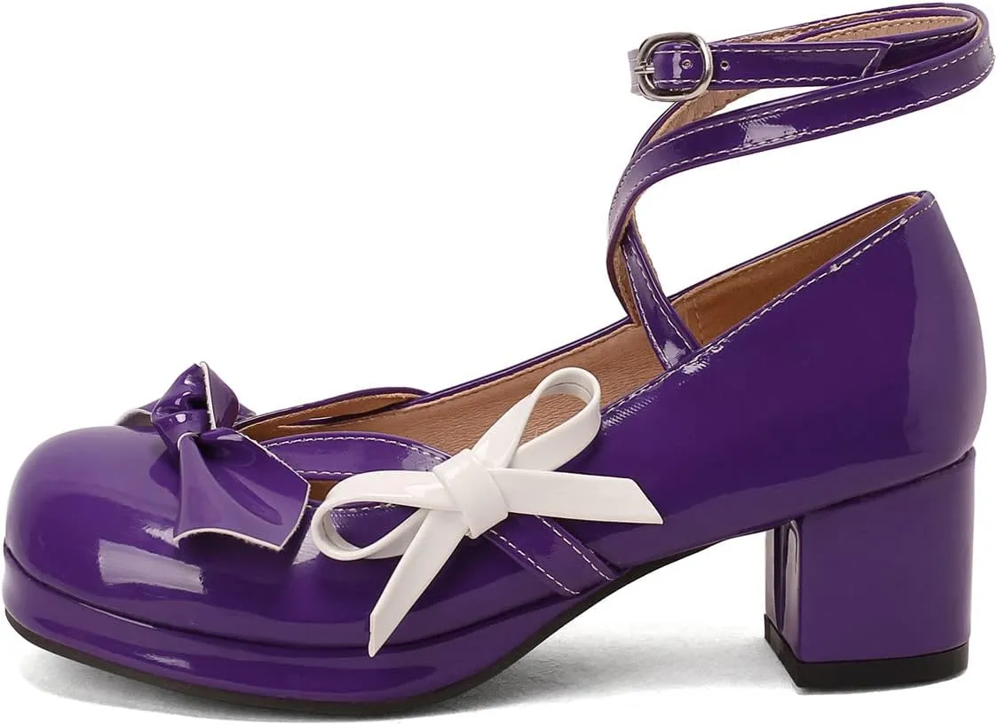 Women's Block Thick Heel Platform Sweet Bow Solid Lolita Pumps Patent Leather Round Toe Cross-Tied Fashion Mary Janes Pumps Uniform Shoes