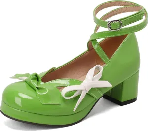 Women's Block Thick Heel Platform Sweet Bow Solid Lolita Pumps Patent Leather Round Toe Cross-Tied Fashion Mary Janes Pumps Uniform Shoes