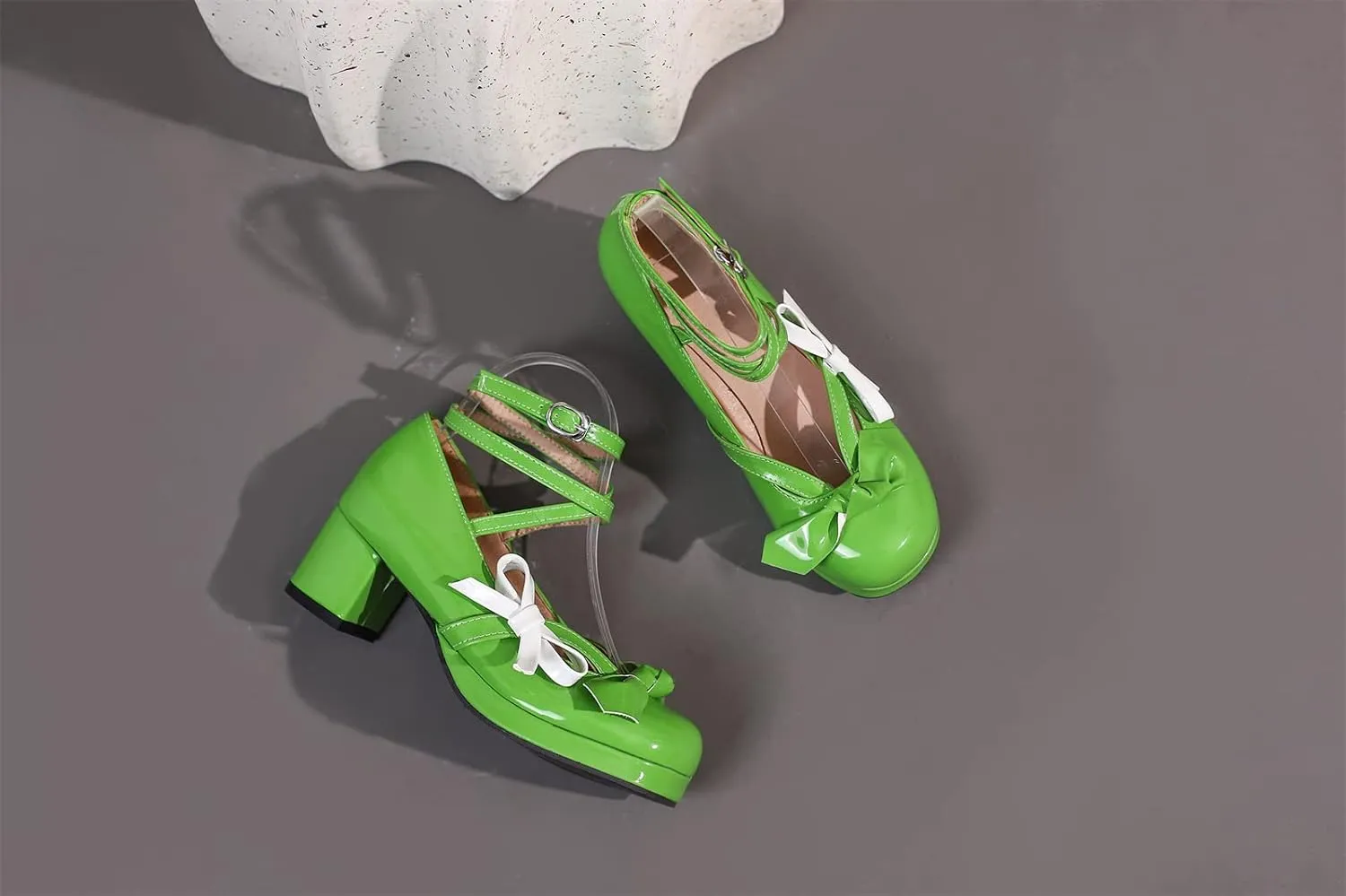 Women's Block Thick Heel Platform Sweet Bow Solid Lolita Pumps Patent Leather Round Toe Cross-Tied Fashion Mary Janes Pumps Uniform Shoes