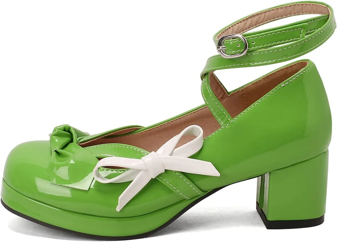 Women's Block Thick Heel Platform Sweet Bow Solid Lolita Pumps Patent Leather Round Toe Cross-Tied Fashion Mary Janes Pumps Uniform Shoes