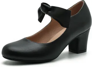 Women's Bow Mary Jane Block Heel Pumps Closed Round Toe Low Chunky Heels Ankle Strap Wedding Dress Evening Party Shoes