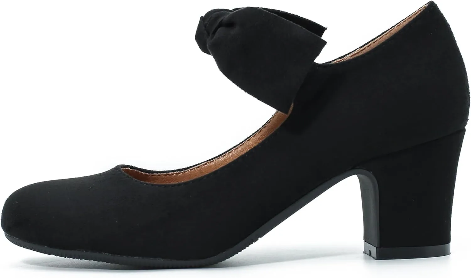 Women's Bow Mary Jane Block Heel Pumps Closed Round Toe Low Chunky Heels Ankle Strap Wedding Dress Evening Party Shoes