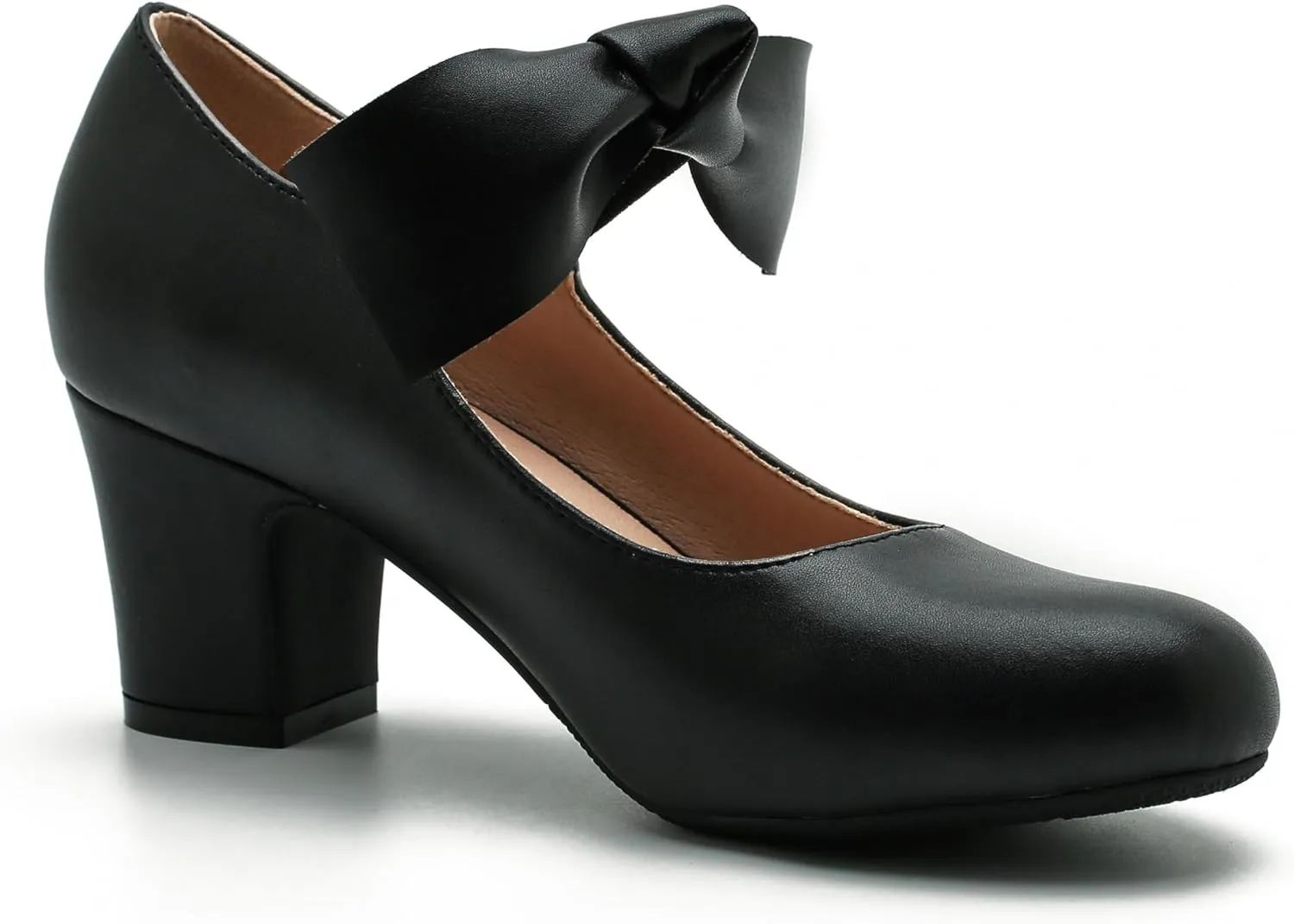Women's Bow Mary Jane Block Heel Pumps Closed Round Toe Low Chunky Heels Ankle Strap Wedding Dress Evening Party Shoes