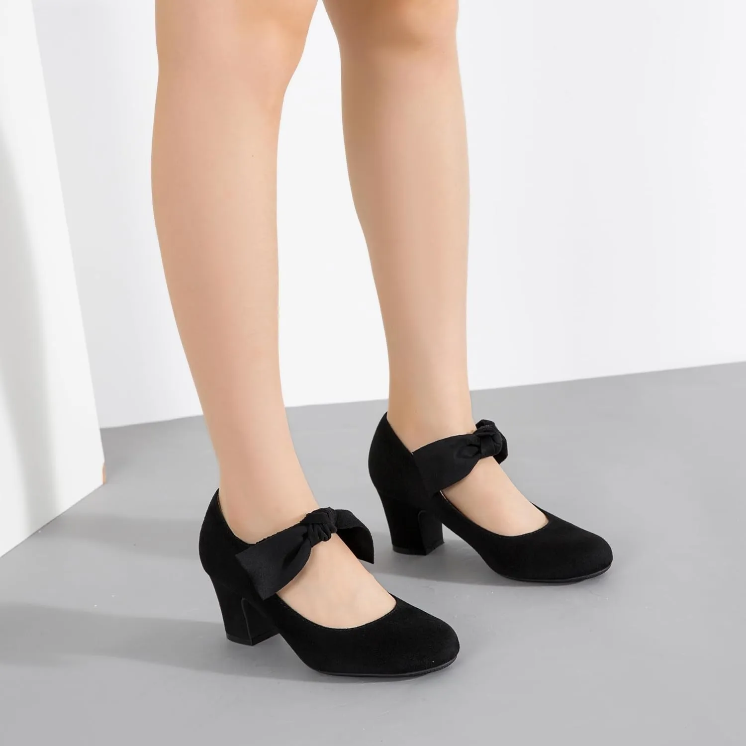 Women's Bow Mary Jane Block Heel Pumps Closed Round Toe Low Chunky Heels Ankle Strap Wedding Dress Evening Party Shoes