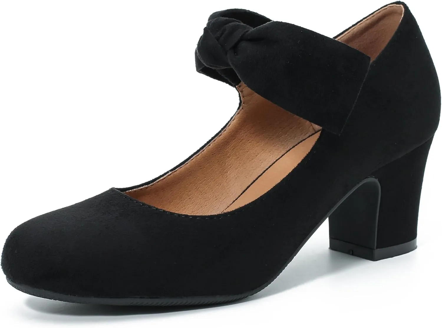 Women's Bow Mary Jane Block Heel Pumps Closed Round Toe Low Chunky Heels Ankle Strap Wedding Dress Evening Party Shoes