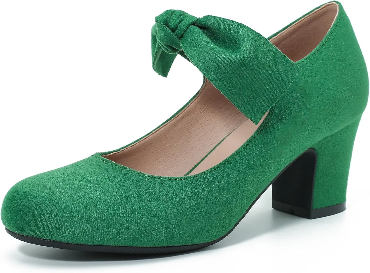 Women's Bow Mary Jane Block Heel Pumps Closed Round Toe Low Chunky Heels Ankle Strap Wedding Dress Evening Party Shoes