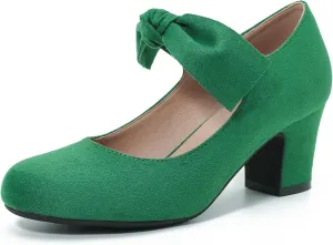 Women's Bow Mary Jane Block Heel Pumps Closed Round Toe Low Chunky Heels Ankle Strap Wedding Dress Evening Party Shoes
